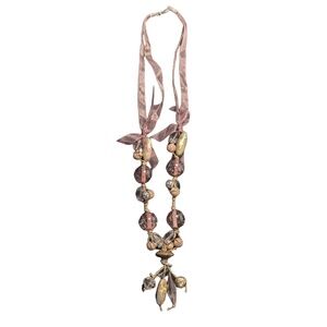 Boho Beaded Statement Necklace Purple Brown Gold Ribbon Tie Artisan Style